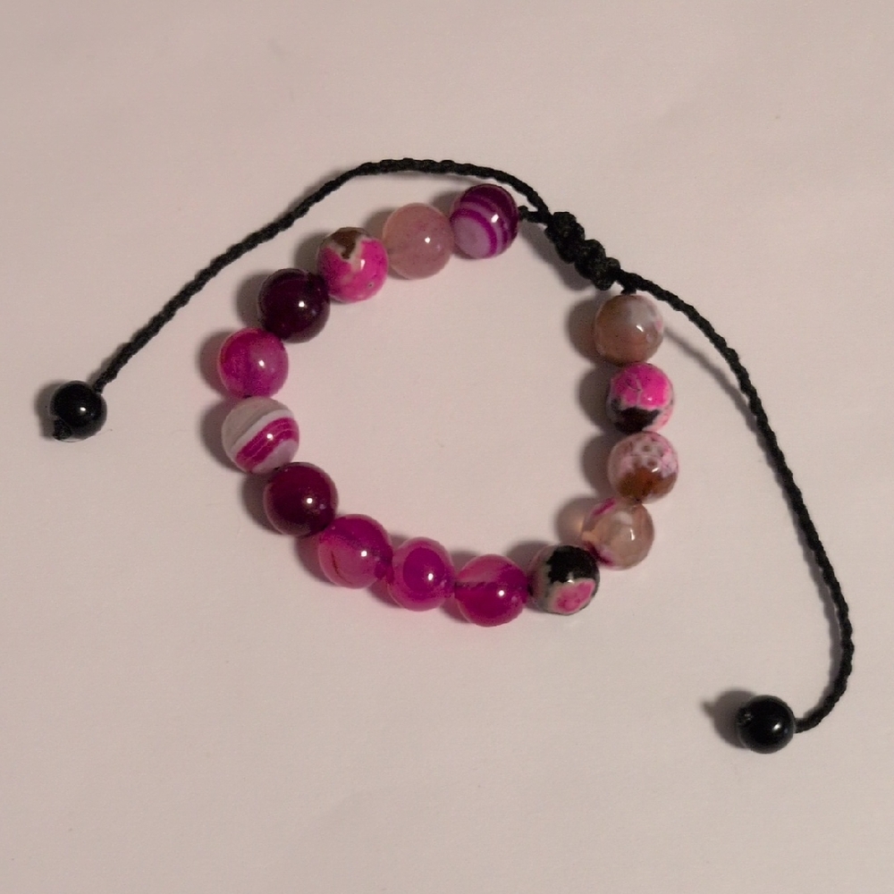 Adjustable Pink & Purple Glass Beaded Bracelet‎ – Marbled & Striped Beads – Boho
